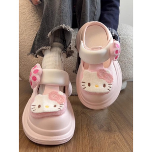⇞ Pink Kitty Cat Hole Shoes Women's Summer Outerwear New Cute Thick-Soled Heightening Slippers Non-Slip Baotou Sandals