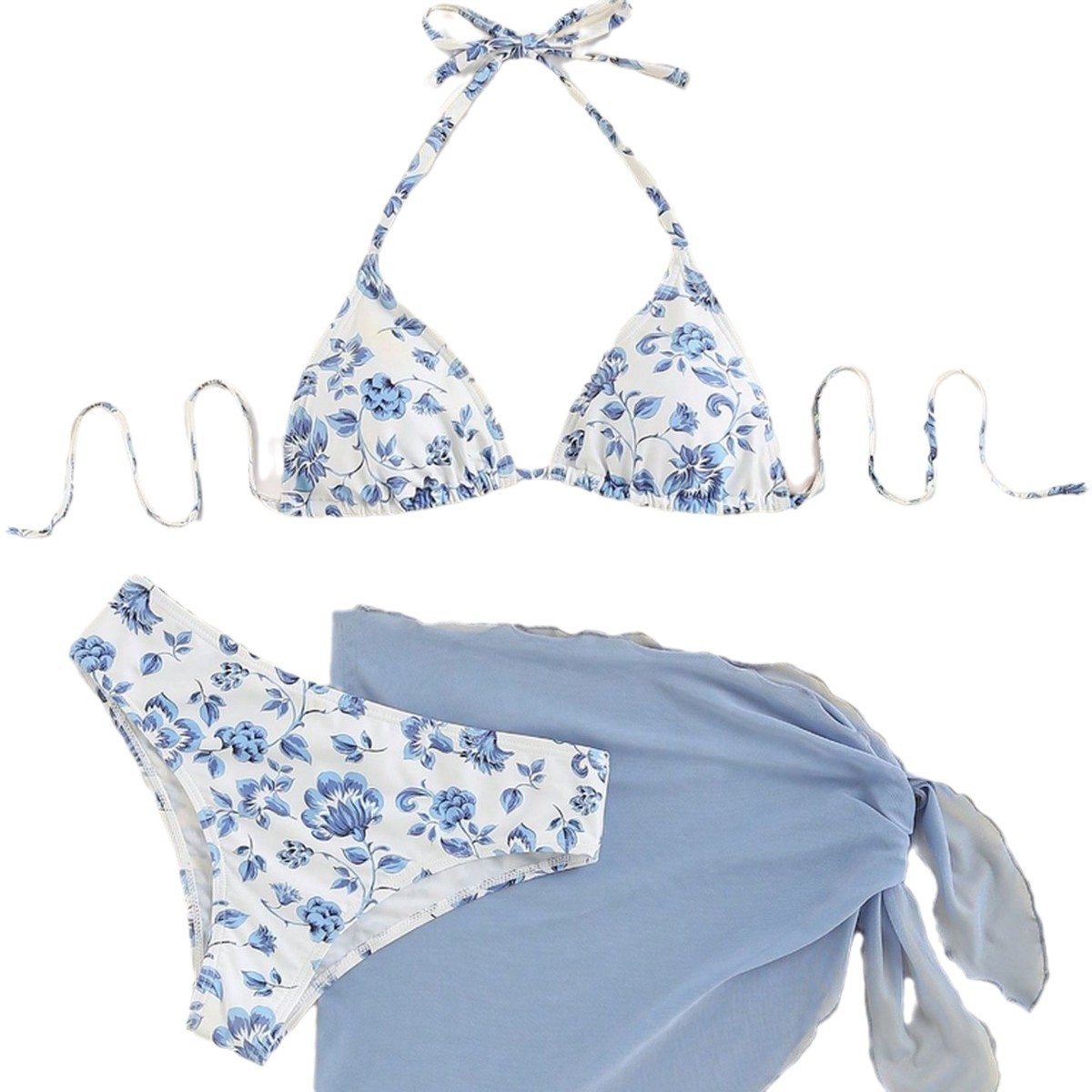 Maillot de bain bikini trois pièces à imprimé floral pour femme, taille nouée, sexy et très populaire_voghion.com