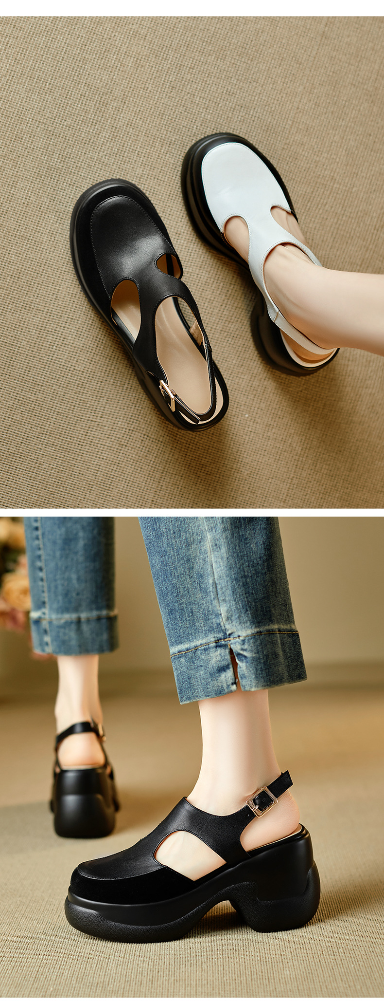 Sandal nữ da bò cao gót đế xuồng phong cách La Mã hở mũi — màu đen, màu trắng chi tiết 5