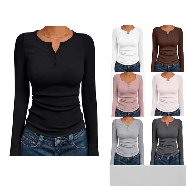 Amazon Fashion Women's Long Sleeve 2026 Autumn Slim Fit Henley Neck Top Ribbed Fashion Basic T-Shirt