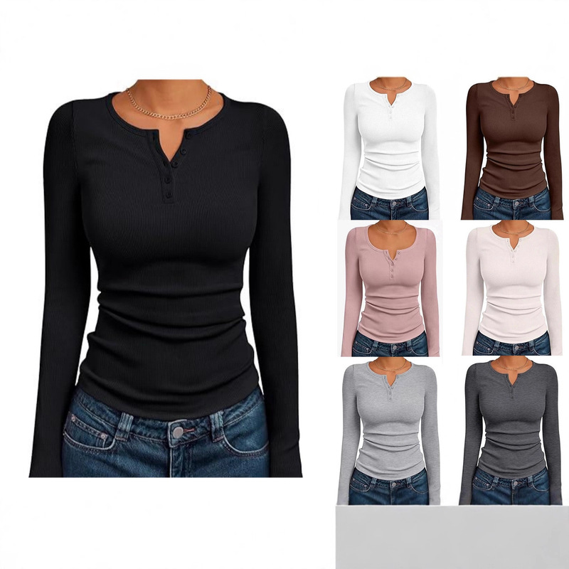 European and American Cross-Border Fashion Women's Long-Sleeved Autum Slim Henry Collar Top Rib Fashion Basic T-Shirt