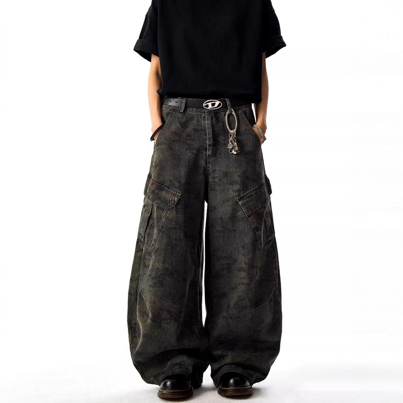 Cross-border American Retro Pocket Stitching Camouflage Crane Pants Fashionable Washed Cool Hip-hop All-match Straight Denim Casual Pants Cross-border American Retro Pocket Stitching Camouflage Crane Pants Fashionable Washed Cool Hip-hop All-match Straight Denim Casual Pants