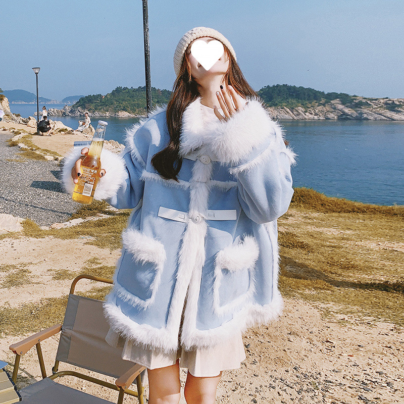 블루 모피 원 LAMBSWOOL COAT 여성의 한국 새 겨울 두꺼운 따뜻한 스웨이드 면화 코트