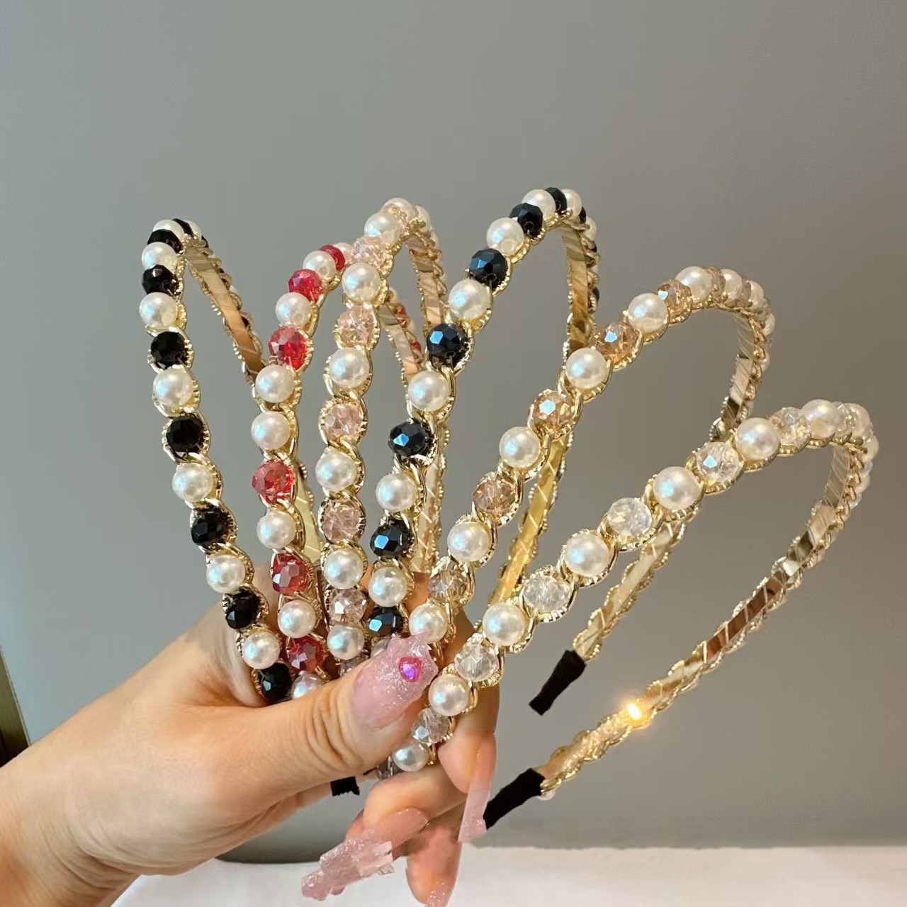 韩版复古轻奢百搭仿珍珠链条成人发箍压发水钻头发饰女珍珠发箍