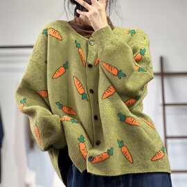 毛衣女款2026新款秋冬文艺撞色印花宽松休闲慵懒风显瘦开衫针织衫
