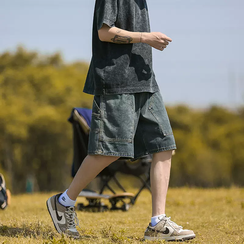 美式复古水洗牛仔短裤男夏季薄款潮牌宽松百搭五分裤伐木工装裤子