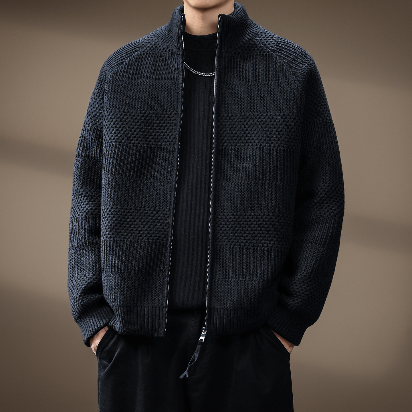 High-End American Cardigan Double Zipper Knitted down Jacket for Men in Autumn and Winter Lazy Style Warm Casual Sweater Jacket for Men