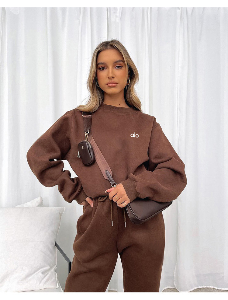Transfronterizos Europa y Estados Unidos otoño y invierno caliente impresión de cuello redondo chaqueta pantalones de mujer moda casual suéter mujer set image 9