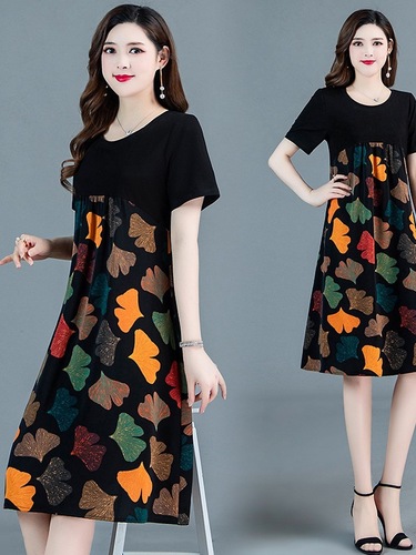 Women's Summer Loose Short-Sleeve Dress with Elegant and Trendy Style, Youthful Design, Plus Size, Fat Print, Splicing, Mother Dress