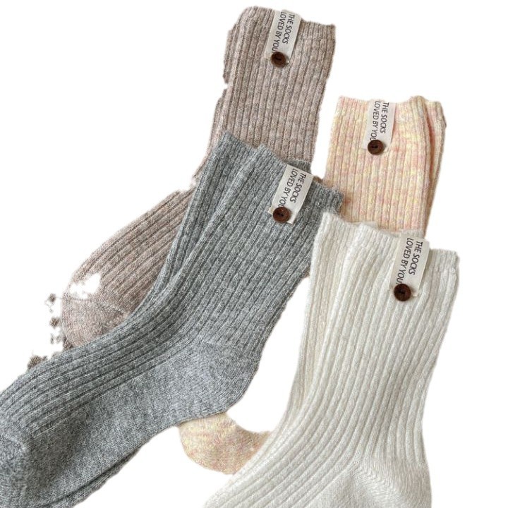 5shuang Button Wool Stockings Children's Medium Tube Socks Solid Color Thickened Warm Versatile Japanese Stacking Socks_voghion.com