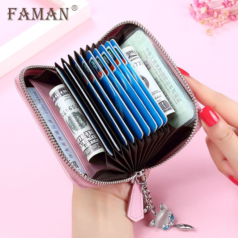 Funda para tarjeta de visita con cremallera de cuero para múltiples tarjetas de faman/Feiman para mujer, funda para tarjeta de crédito, tarjetero de piel de vaca, tarjetero coreano