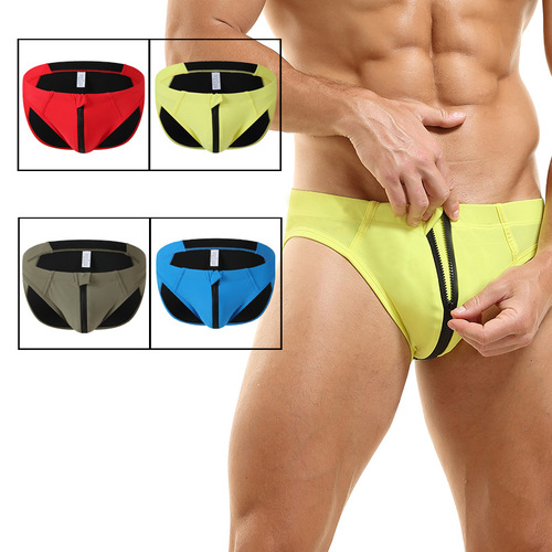 New European and American men's swimming trunks with front zipper, sexy color matching, cross-border triangle beach, foreign trade wholesale