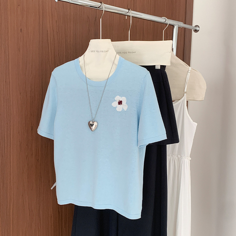 Cotton Jacquard Knit Short-Sleeve Women's Summer New Fashion Versatile Embroidered T-Shirt Stylish Loose Base Top