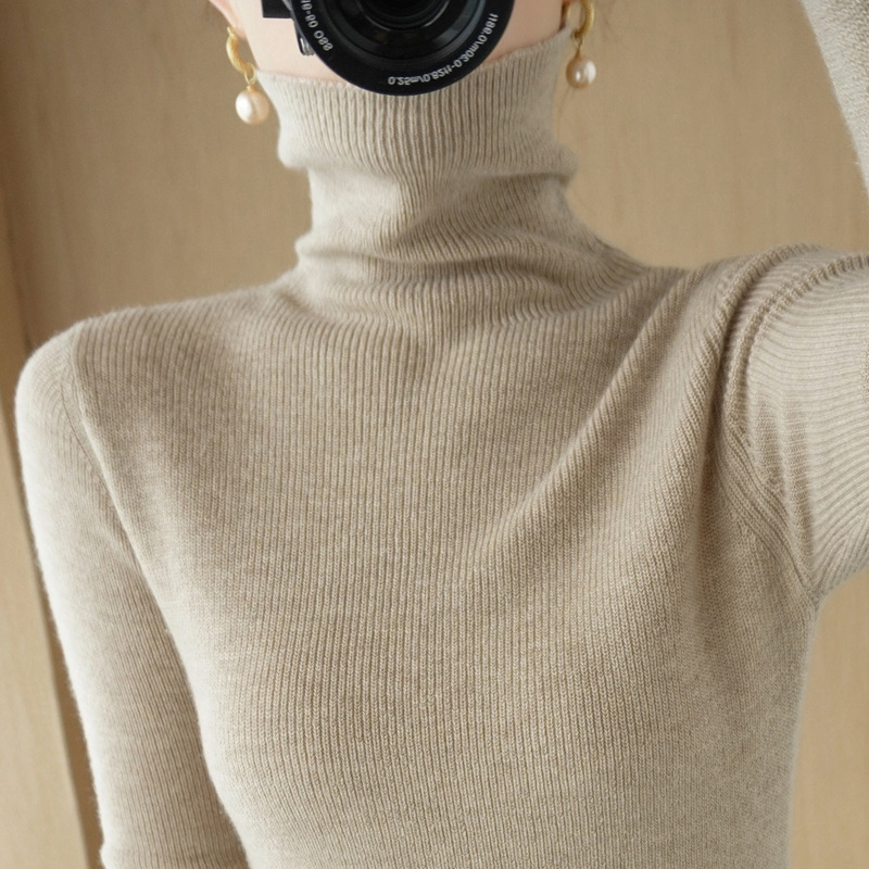 Thin woolen sweater women's pile turtleneck pullover solid color knitted bottoming shirt tight striped long sleeve slim sweater