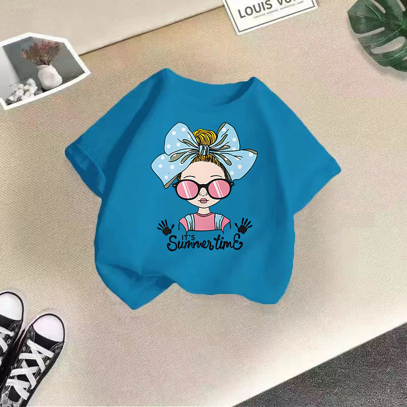 Ropa para niños transfronterizos 2024 verano nuevas camisetas de manga corta para niños y niñas tops de cuello redondo de moda bebé de media manga de algodón