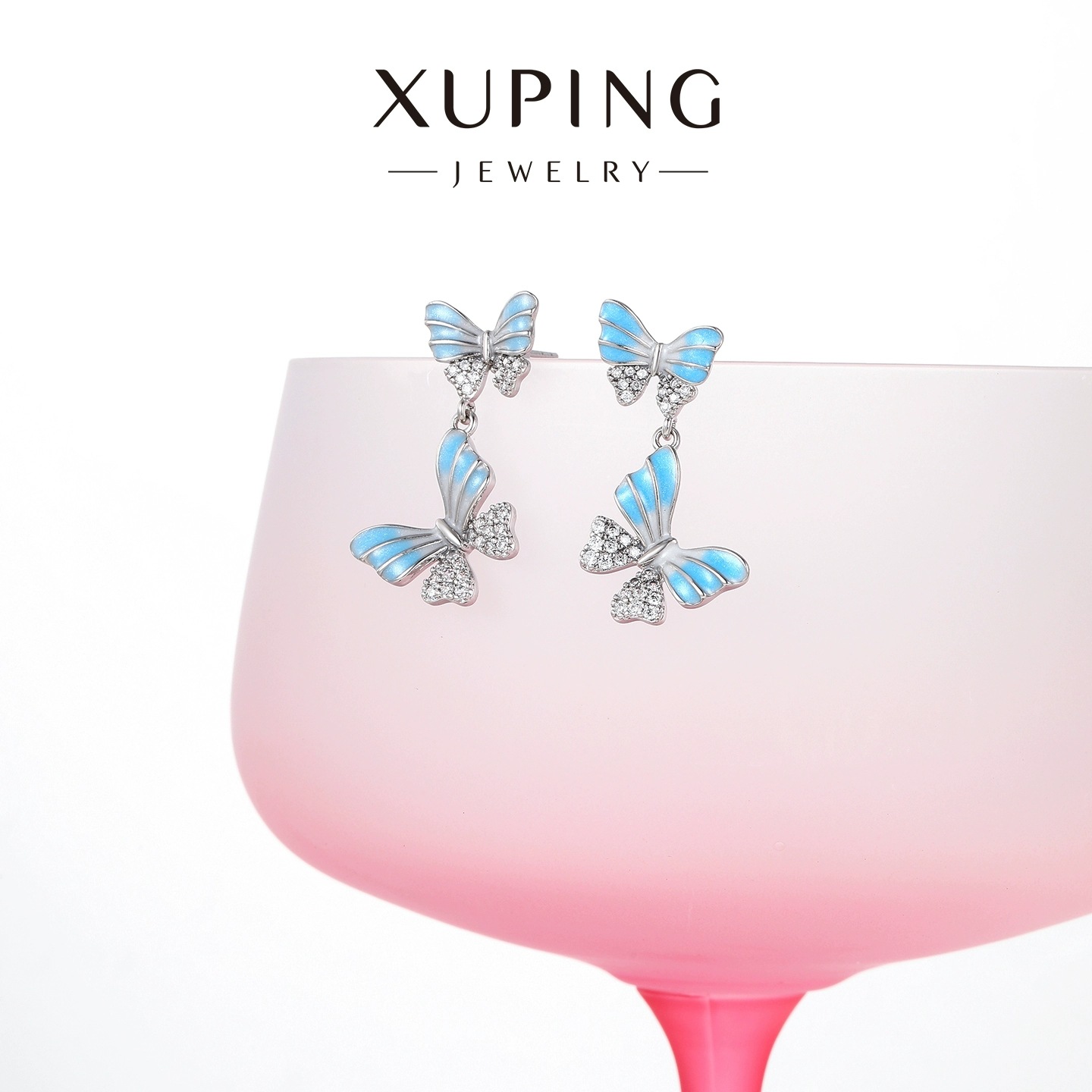 Xuping serie de goteo de aceite francés suave sensación de doble mariposa pendientes de zircon artificial pequeños pendientes frescos redondos para mujeres