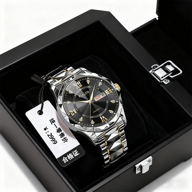 New Dual-Calendar Men's Business Watch, High-End Luminous Diamond-Encrusted British Watch, Popular Men's Fully Automatic Watch