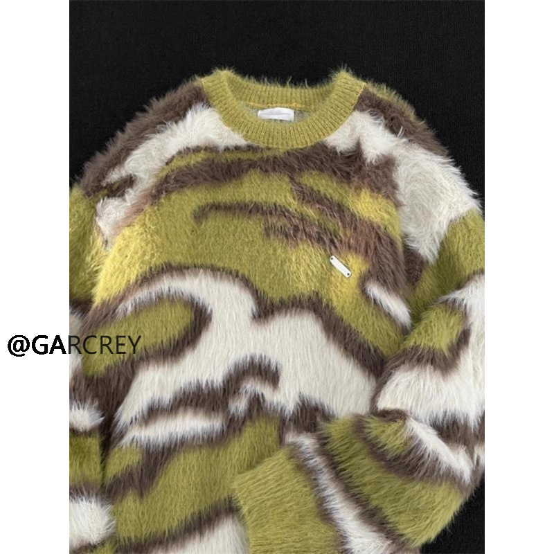 Soft and Lazy Style Stripesd Knitwear Men's Winter American Retro Loose Casual Couple Imitation Mink Velvet Round Neck Knitwear