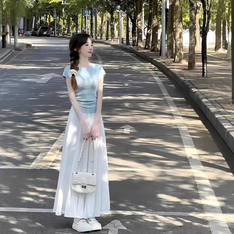 夏服、エレガントで年齢を軽減する美しい半袖トップスとスカート、エレガントで控えめなツーピーススーツのセット|undefined