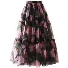 2025秋印花拼接半身裙松緊腰14米大擺高腰長款蛋糕蓬蓬裙