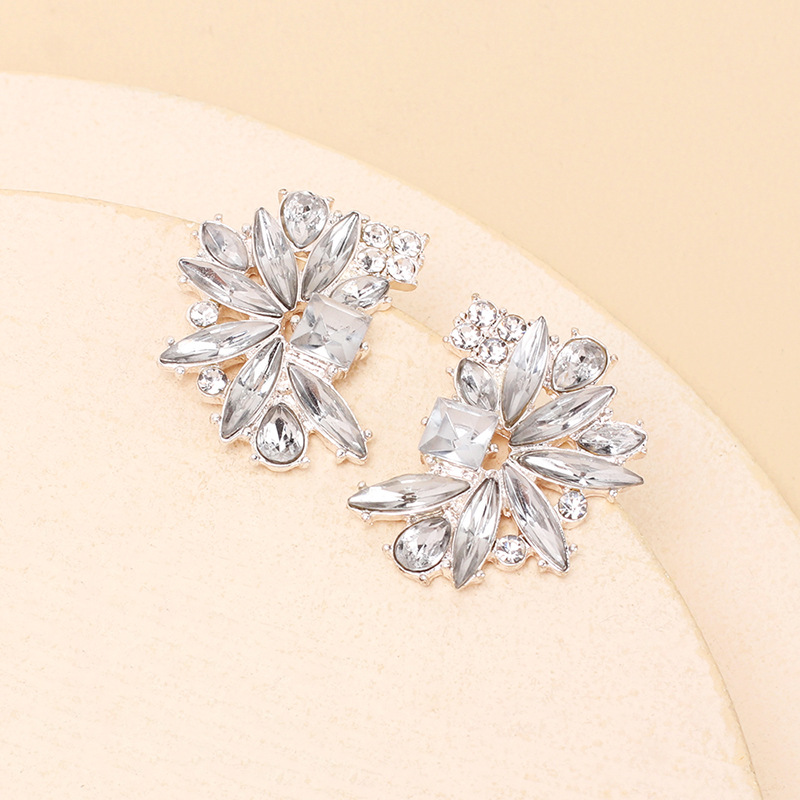 exaggerated geometric fan-shaped transparent rhinestone earrings
