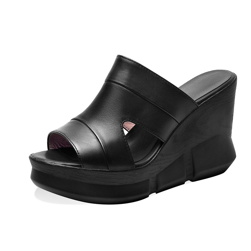 Sandal nữ da bò mũi cá gót xuồng cao đế dày phong cách mới xuân hè — Màu đen