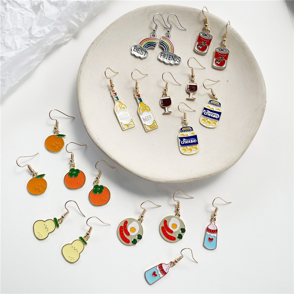 Cartoon Oil Dripping Animal Fruit Earrings Creative Geometric Wine Bottle Rainbow Earrings display picture 25