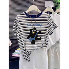 2025 新しいラウンドネックピュアコットンショルダー半袖 Tシャツレディースファッショナブルで多用途なスリムストライプトップボトリングシャツ夏