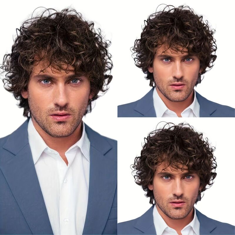 European and American New Cross-Border Men's Wig Fluffy Natural Dark Brown Short Curly Hair Bangs Reverse Wig Full Headgear European and American New Cross-Border Men's Wig Fluffy Natural Dark Brown Short Curly Hair Bangs Reverse Wig Full Headgear