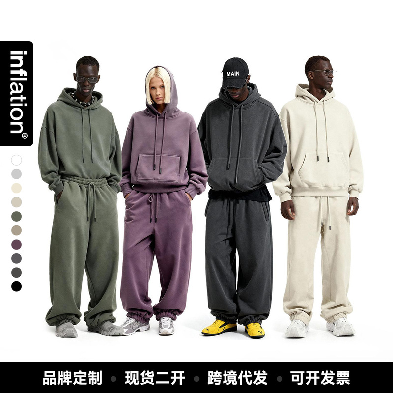 Jie Zhan Men's Clothing | American-Style Hooded Suit 25 Winter New Arrivals Fleece-Lined Thickened 10-Color Fleece Sweatshirt and Sweatpants for Men and Women