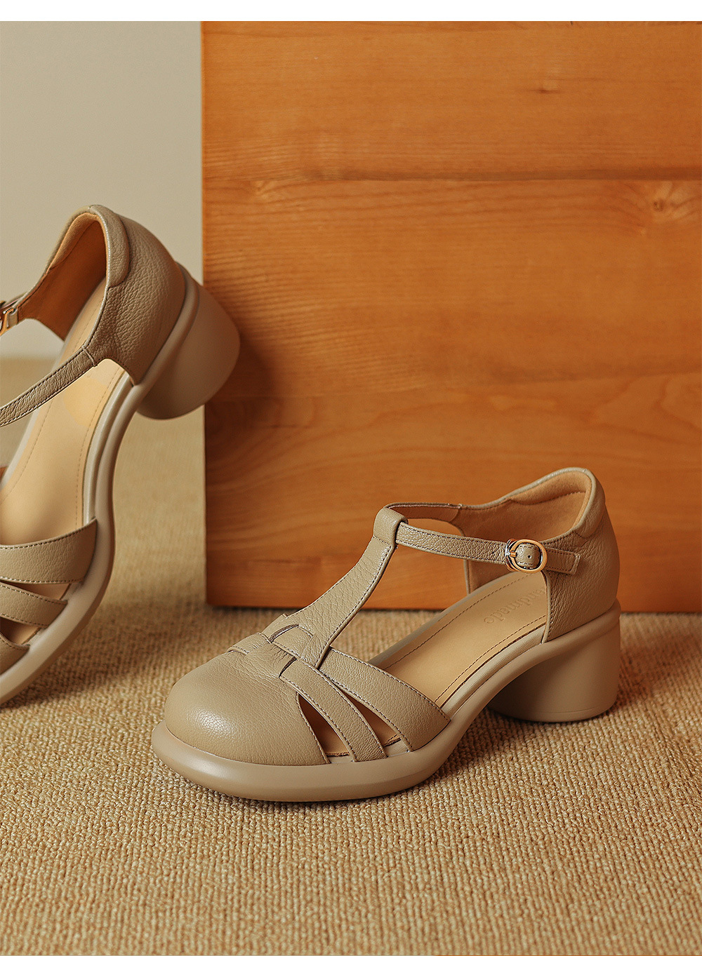 Sandal Mary Jane nữ đế dày gót vuông mũi tròn dệt kiểu La Mã — Màu trắng nhạt chi tiết 12