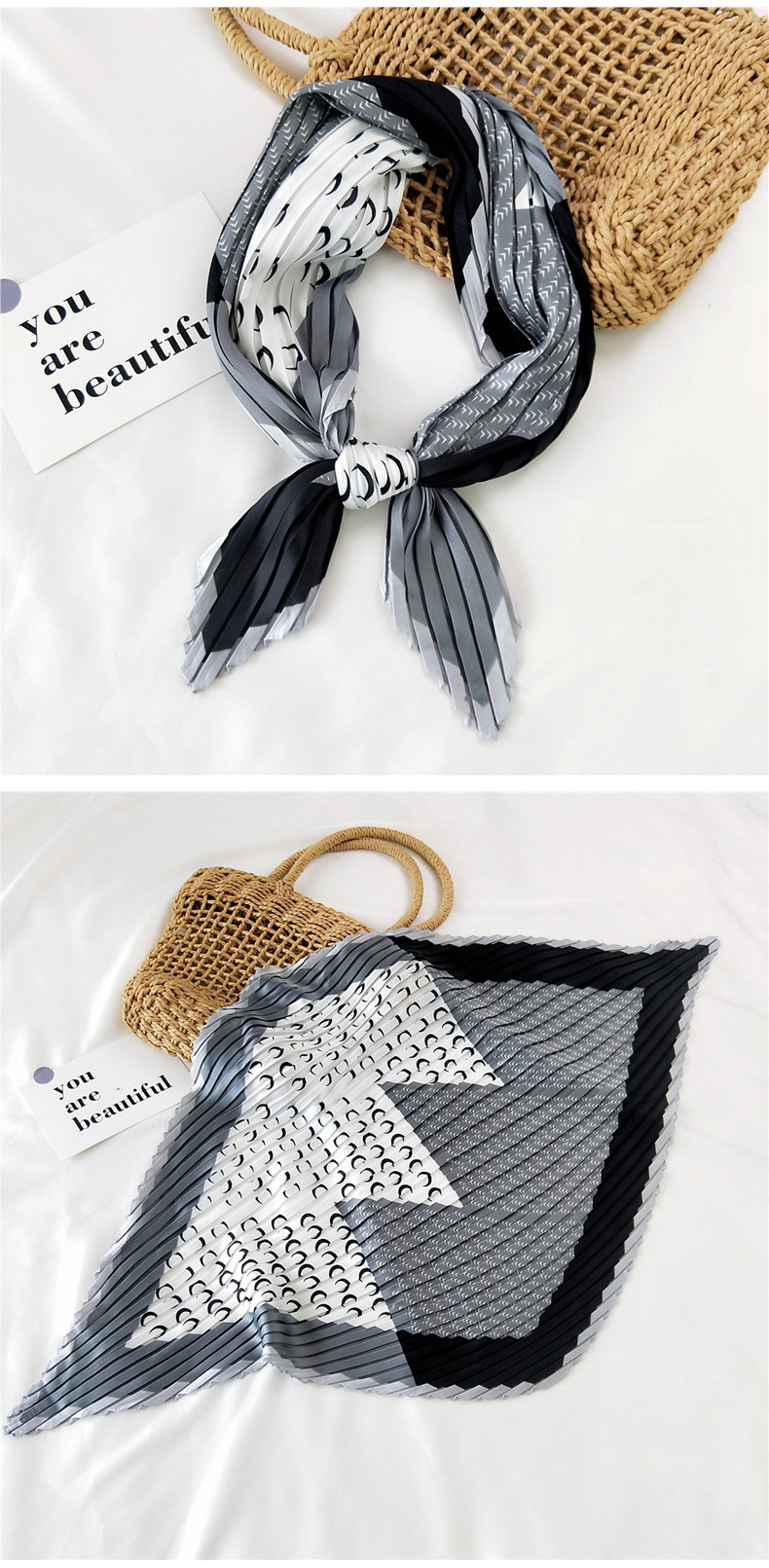 45g Weight Silk Scarf Classification Travel Occasion Silk Material Unisex Gender Sweet Style Khaki, Grey, White, Red, Green, Blue, Yellow, Black Color Korean Pleated Silk Square Scarf 13