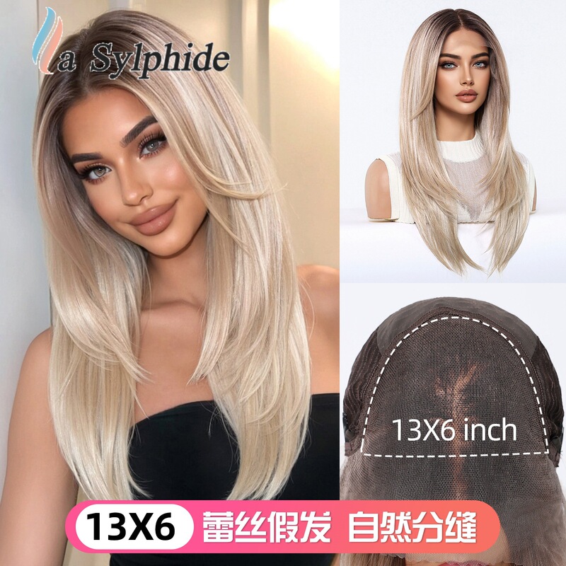 Full Wig for Women 13*6 Large Area Lace Wig Imported Silk Light Blonde Gradient High Crown with Random Parting