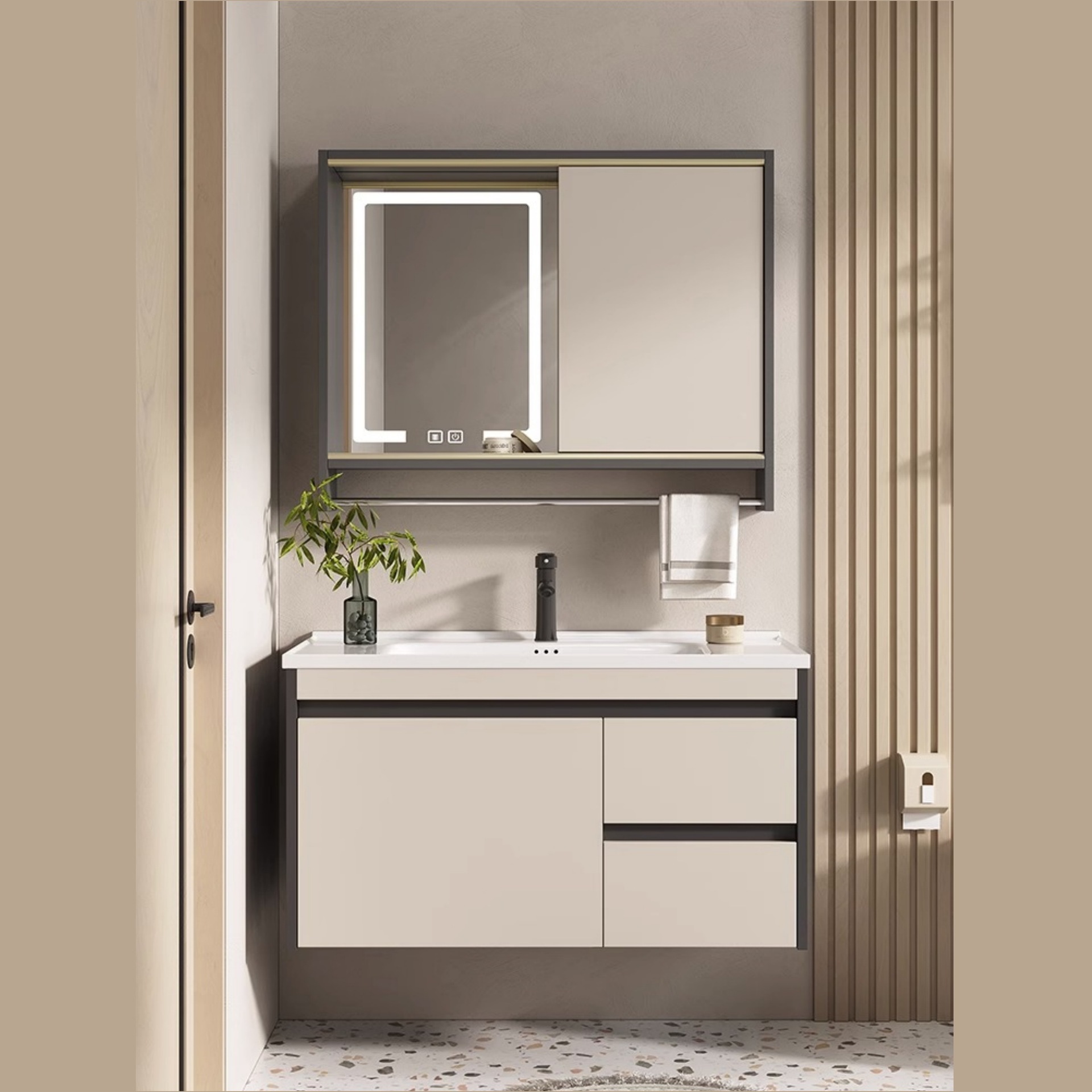 Combinación de gabinete de baño inteligente espejo de Feng Shui oculto mesa de lavado de baño lavabo integrado de cerámica