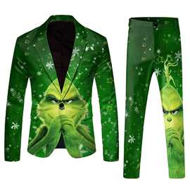 圣诞节数码印花西服套装两件套定制一粒扣西服外套男士套装