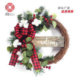 跨境新款 格子布木牌圣诞花环 迷你圣诞树摆件 圣诞节装饰品挂件