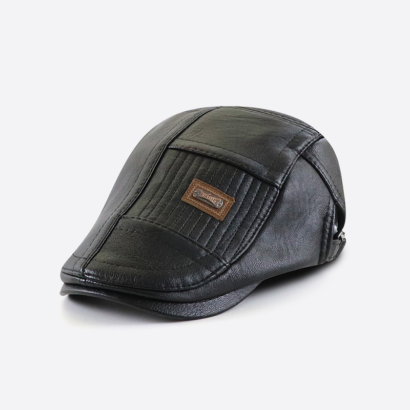 Yangguan/Zleevo Spring, Autumn and Winter Pu Hat Men's Casual Leather Peaked Cap with Color Matching and Contrasting Colors for Middle-Aged and Elderly People Forward