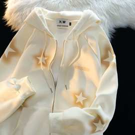 仿棉华棉复合牛奶丝美式星星印花开衫外套女韩版宽松情侣卫衣冬季