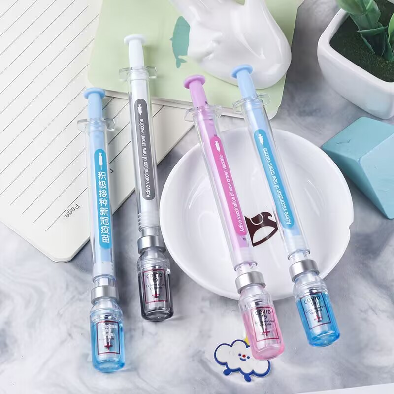 새로운 사무용품 홍보 슬로건 중국어 및 영어 버전 백신 젤펜 창의적 주사기 모양 학생