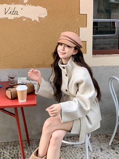 Oatmeal Color Woolen Coat Women's 2024 New Autumn and Winter High-end Sense Woolen Coat Korean Style Small Loose Top