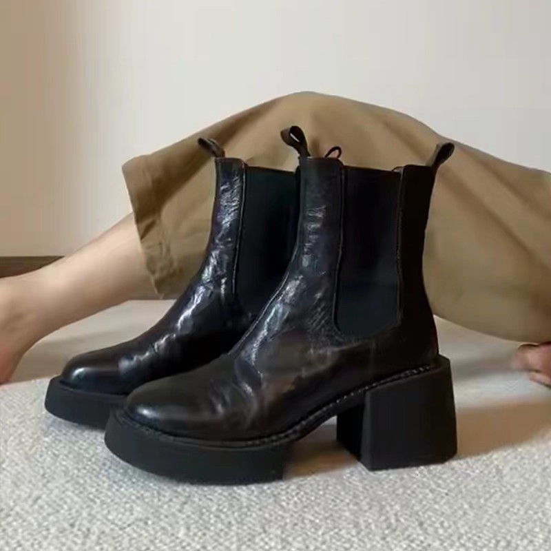 牛皮版~真皮厚底短靴女秋冬复古切尔西靴粗跟瘦瘦靴英伦风马丁靴|undefined