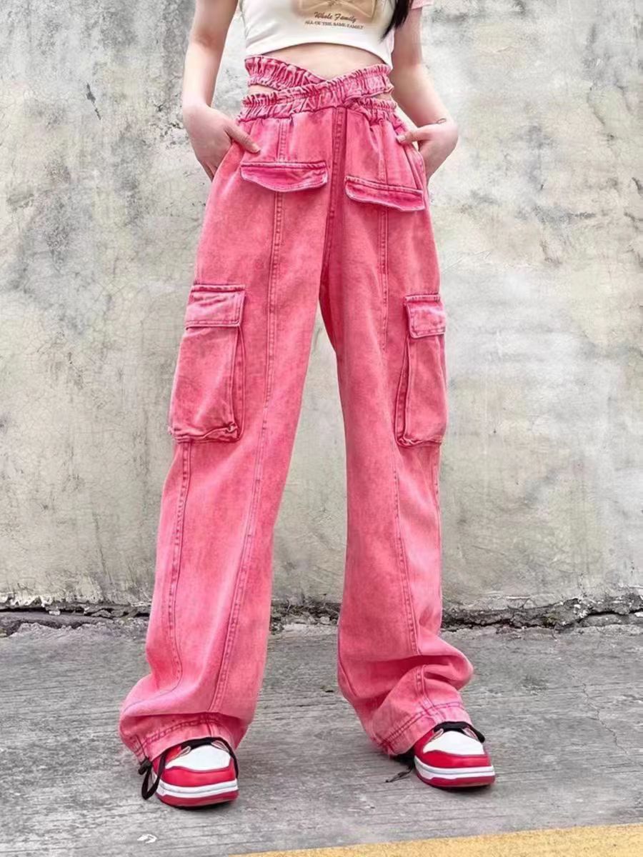 2023 AMERICAN STREET STRAIGHT OVERALLS 여성의 봄과 가을 느슨한 슬림 멀티 포켓 넓은 다리 유행 데님