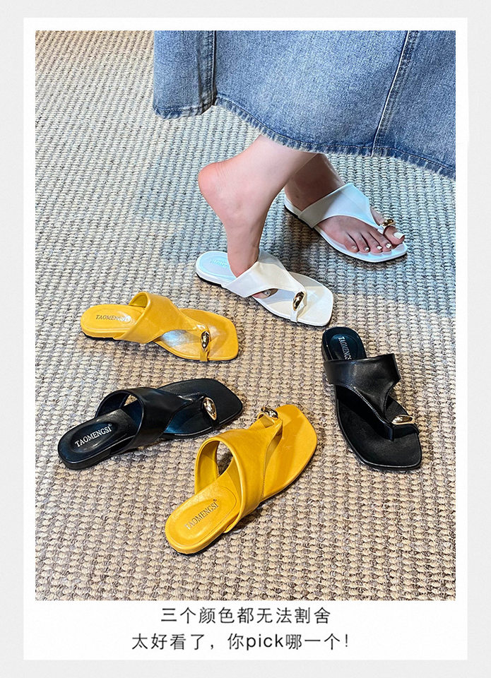 Dép sandal nữ quai ngang xỏ ngón mũi vuông đế bằng — Màu trắng, Màu vàng, Màu đen chi tiết 8