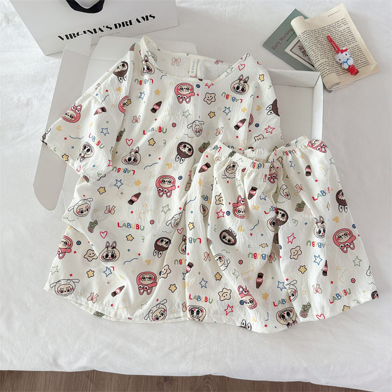 Transfronterizo al por mayor pijamas de algodón nubes de dibujos animados ropa de casa de mujer chaqueta manga corta pantalones cortos set set de cuello redondo set de dos piezas