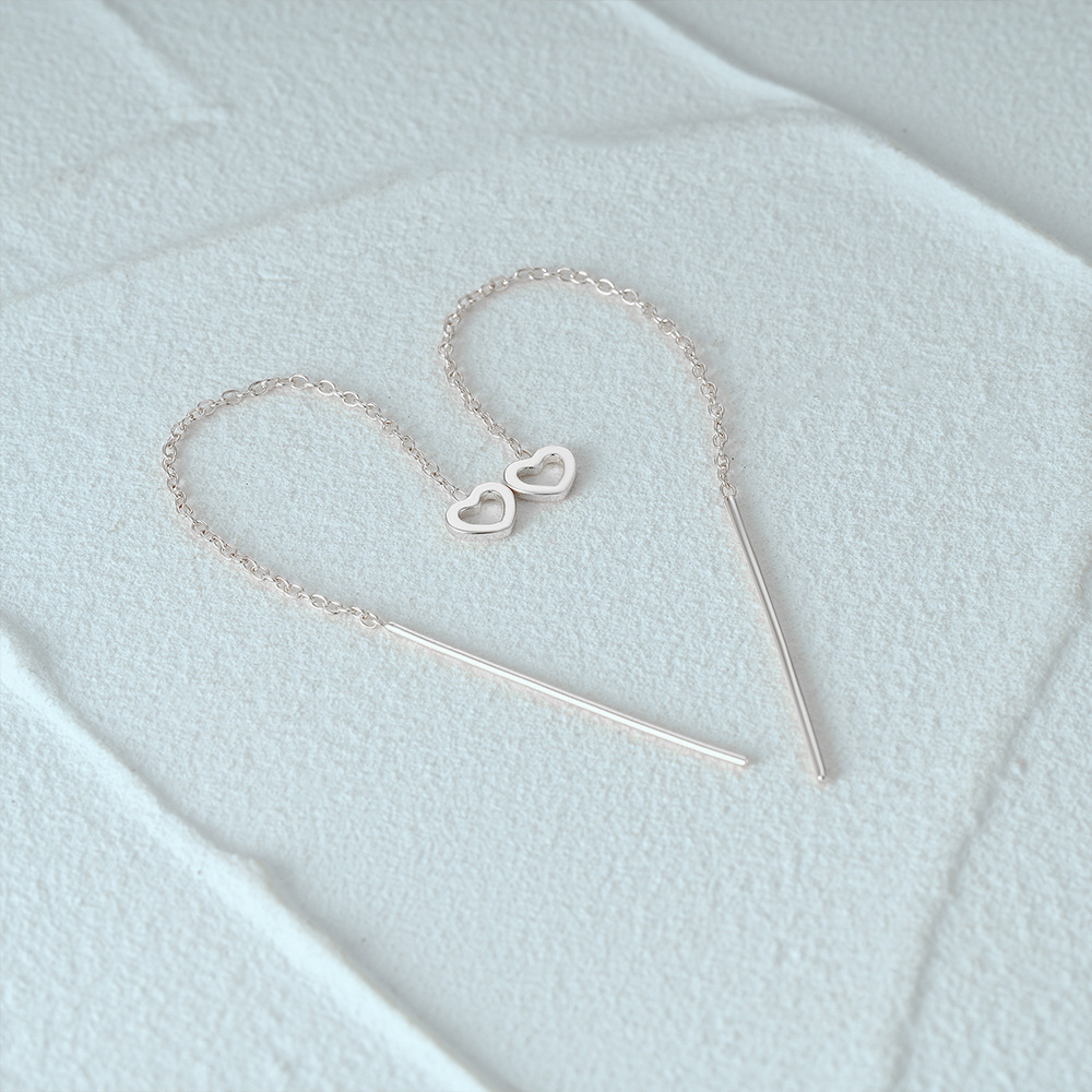 6g Weight 925 Sterling Silver Ear Needle Material Threader Earrings Classification 1 Pair Quantity Daily, Date Occasion 925 Sterling Silver Material Heart Shape Pattern Women's Gender Tassel, Plating Design Sweet Style 1 Pair 925 Sterling Silver Heart Shape Threader Earrings 6
