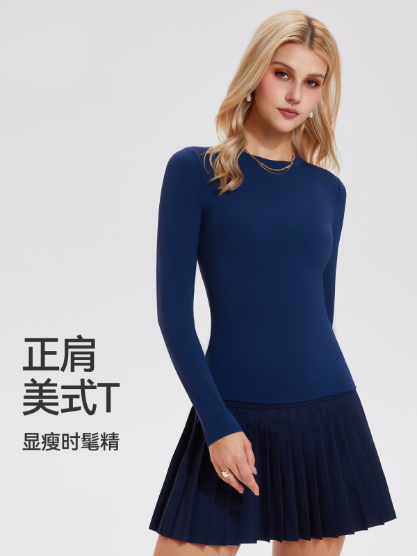 跨境瑜伽服女秋冬长袖t恤女纯色打底衫显瘦修身速干运动瑜伽上衣|undefined