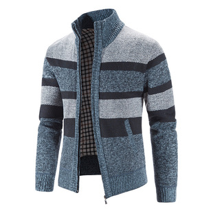 Foreign trade autumn and winter men's thickened fleece-lined cardigan sweater stand collar striped color matching sweater casual loose coat