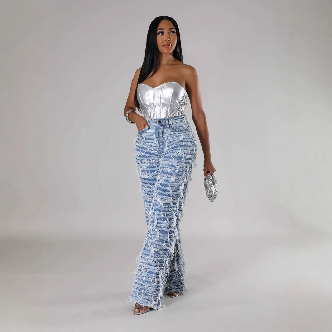 Pantalon droit en denim pour femme avec taille haute, bords usés, trous, pompons, jeans amples_voghion.com