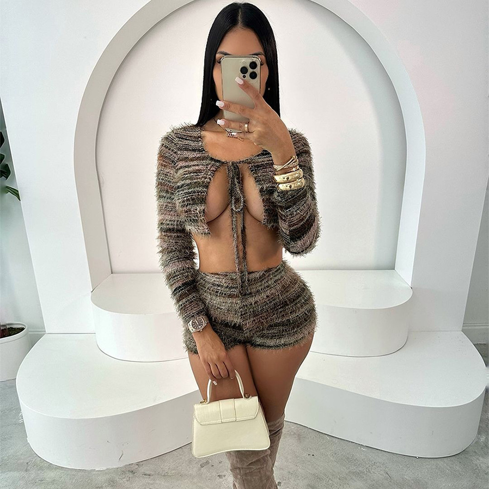 Women Clothing Autumn Winter Pine Needle Wool Exposed Cropped Hollow Out Cutout out Strap Short Shipment Long Sleeve Two Piece sets 6 Women Clothing Autumn Winter Pine Needle Wool Exposed Cropped Hollow Out Cutout out Strap Short Shipment Long Sleeve Two Piece sets