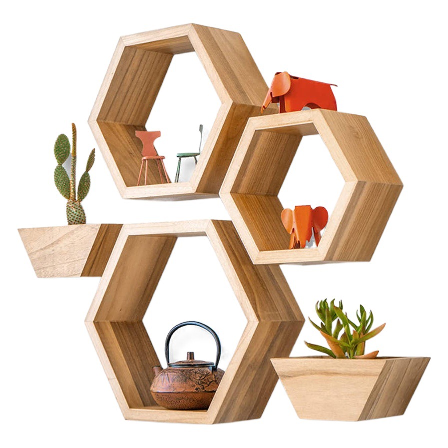 Colgante de pared de madera hexagonal estante flotante forma de panal estante de exhibición decoración de la pared estante de pared de almacenamiento